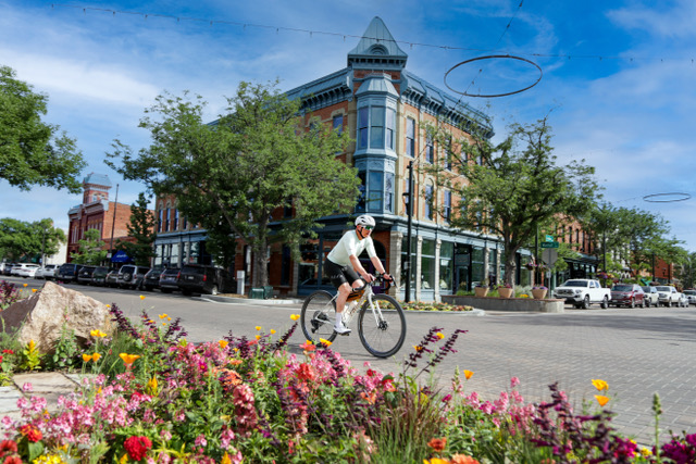 Cyclist riding through historic Old Town Fort Collins past flower beds and brick storefronts.